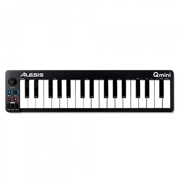 Alesis Qmini - Controlador de teclado MIDI USB portátil de 32 teclas con teclas de acción de sintetizador sensibles a la velocidad y software de producción musical incluido