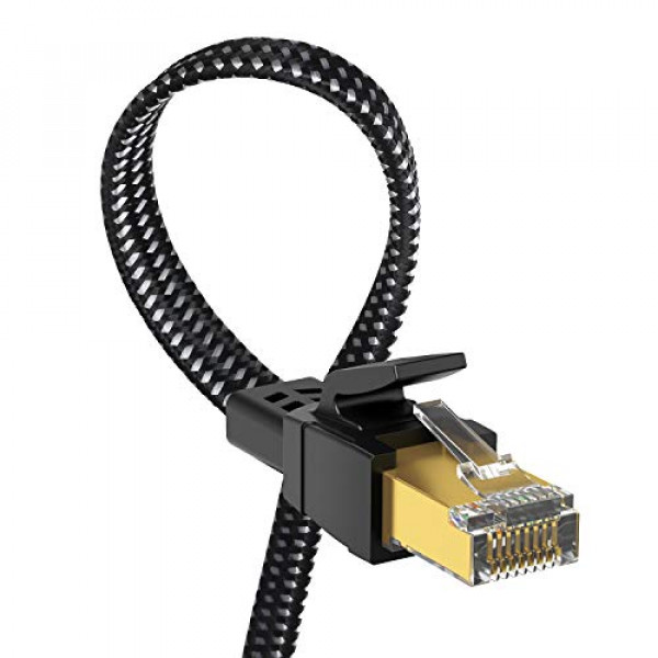 Cable Ethernet Cat 8 40 pies, 26AWG Nylon Trenzado de alta velocidad Cable de conexión de red LAN Cat8 de alta resistencia, 40 Gbps 2000 Mhz SFTP RJ45 Cable plano blindado en la pared, interior y exterior para módem / enrutador / juegos / PC