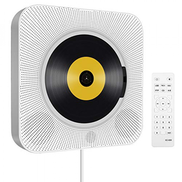 Reproductor de CD portátil con Bluetooth, Reproductor de música de CD para montar en la pared Audio para el hogar Boombox con control remoto Radio FM Altavoces de alta fidelidad incorporados, Toma de auriculares MP3 Salida de entrada AUX (blanco)