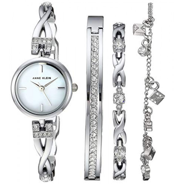 Anne Klein - Juego de pulsera y reloj plateado con detalles de cristal Swarovski para mujer