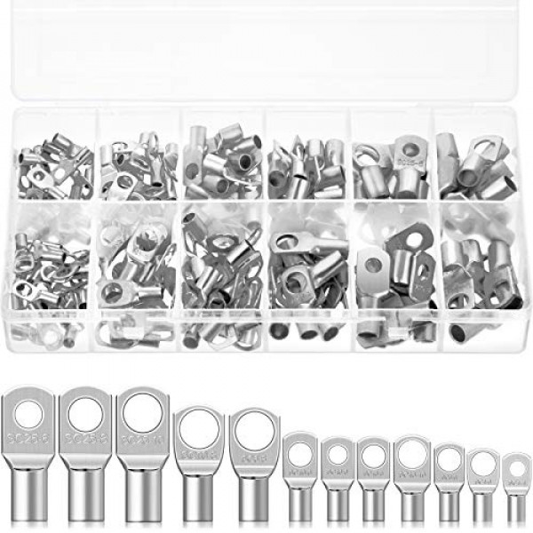 170 piezas de cobre, terminales de cable de batería, 12 tamaños, terminales de cable de batería, ojales, conectores de terminales de anillo tubular, terminales SC para suministros automotrices, AWG4, AWG6, AWG8, AWG10, AWG12 (plateado)
