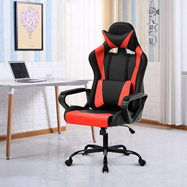 Silla para juegos Silla para computadora Silla de oficina con respaldo alto Silla de escritorio ergonómica Silla de carreras para PC con masaje y reposacabezas Soporte lumbar Silla de trabajo de cuero PU Silla ejecutiva giratoria de altura ajustable, Rojo