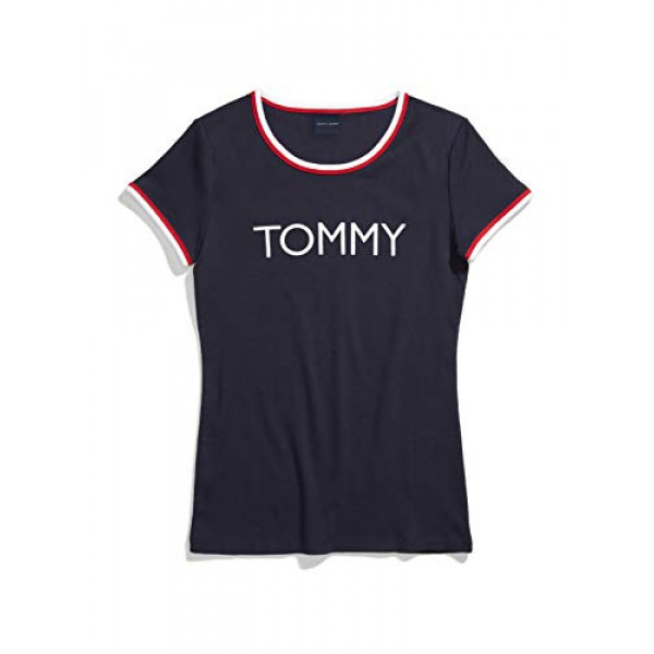 Tommy Hilfiger Camiseta adaptable para mujer con abertura de cuello ancho, azul marino / multicolor, XL