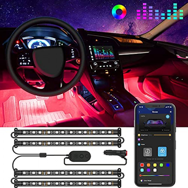 Govee Luces interiores para automóvil, tiras de luces LED para automóvil con diseño impermeable de dos líneas, kit de luces para automóvil con control de aplicación de 48 LED, modo de bricolaje y sincronización de música debajo del tablero Iluminación par