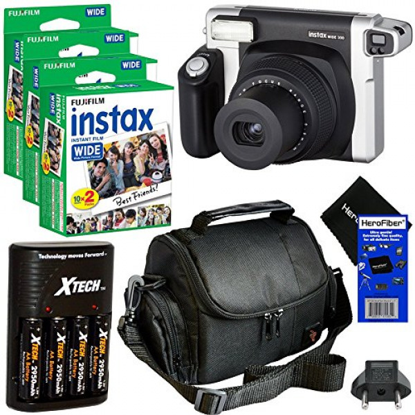 Cámara fotográfica instantánea de formato ancho Fujifilm INSTAX 300 (negro / plateado) + Película instantánea Fujifilm instax Wide, paquete doble (60 hojas) + 4 baterías recargables AA de alta capacidad con cargador de batería +