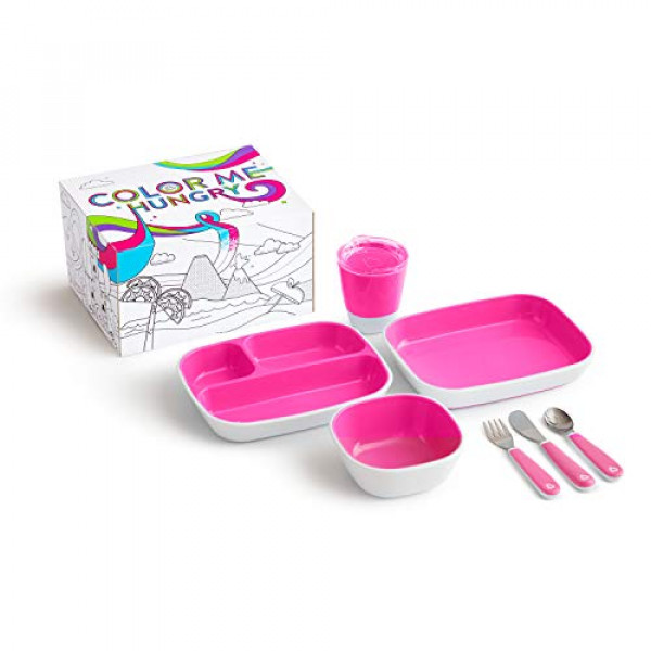 Munchkin Color Me Hungry Splash - Juego de comedor para niños pequeños de 7 piezas: plato, tazón, taza y utensilios en una caja de regalo, rosa
