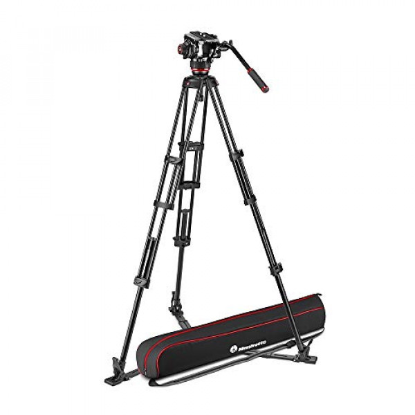 Cabezal de video fluido Manfrotto 504X con trípode doble, kit con trípode de aluminio y cabezal de video, pata doble con esparcidor de tierra, para DSLR, cámara digital, videocámara, videógrafo, carga útil 26.4 lbs