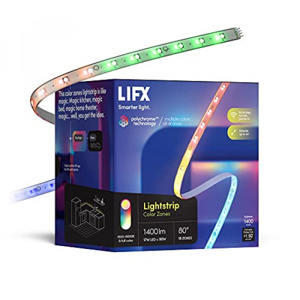 Tira de luz LIFX, kit de inicio de 6.6 ', tira de luz LED inteligente Wi-Fi, a todo color con tecnología policromada, no requiere puente, funciona con Alexa, Hey Google, HomeKit y Siri