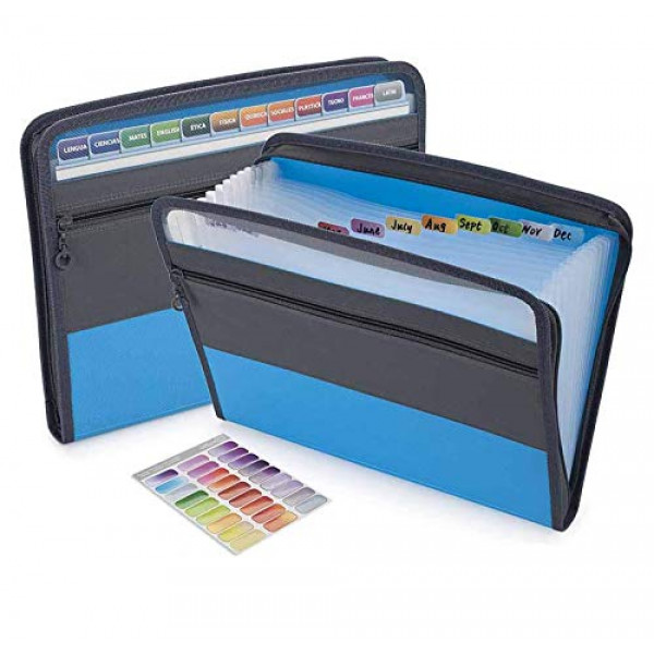 Sooez Carpeta de archivos expandible con etiquetas adhesivas, Carpeta de archivos de acordeón de 13 bolsillos Organizador de documentos Carpeta de archivos zip expandible con cierre de cremallera, Carpeta de acordeón de documentos de papel de carta A4, Az