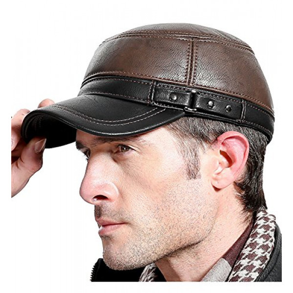 Gorra de cuero Sumolux para hombre con orejeras, estilo militar, cadete, estilo militar, sombrero plano, ajustable para exteriores, invierno, marrón