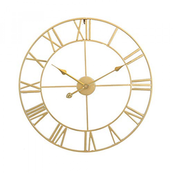 Grandes y modernos relojes de pared de metal, rústico, redondo, silencioso, sin tictac, funciona con pilas, oro, números romanos, reloj para sala de estar / dormitorio / cocina, decoración de pared-60cm