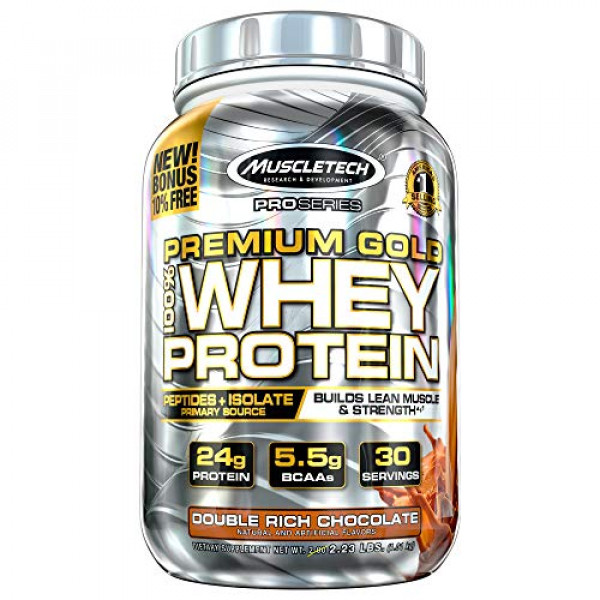 Polvo de proteína de suero | MuscleTech Premium Gold 100% proteína de suero en polvo | Aislado y péptidos de proteína de suero | Proteína en polvo aislada de suero para ganar músculo | Polvo de proteína de chocolate, 2.2 lbs (30 porciones)