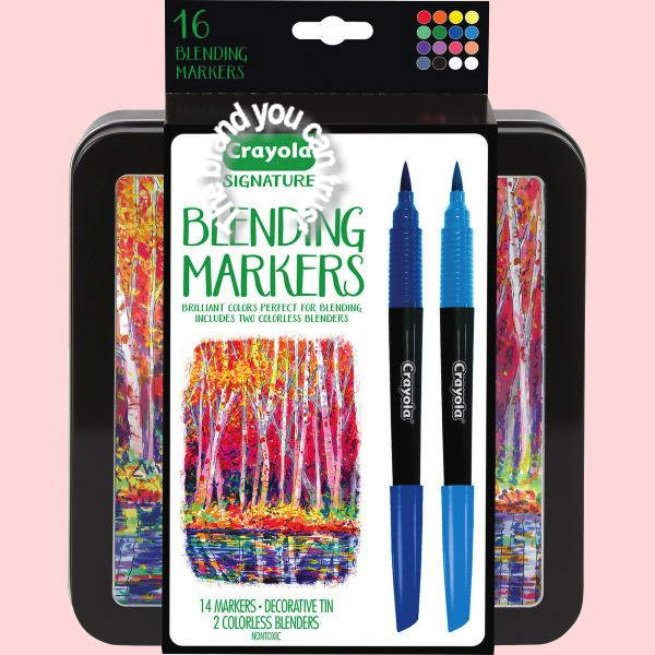 Nuevos marcadores de mezcla Crayola Signature 14 marcadores y 2 licuadoras + lata decorativa