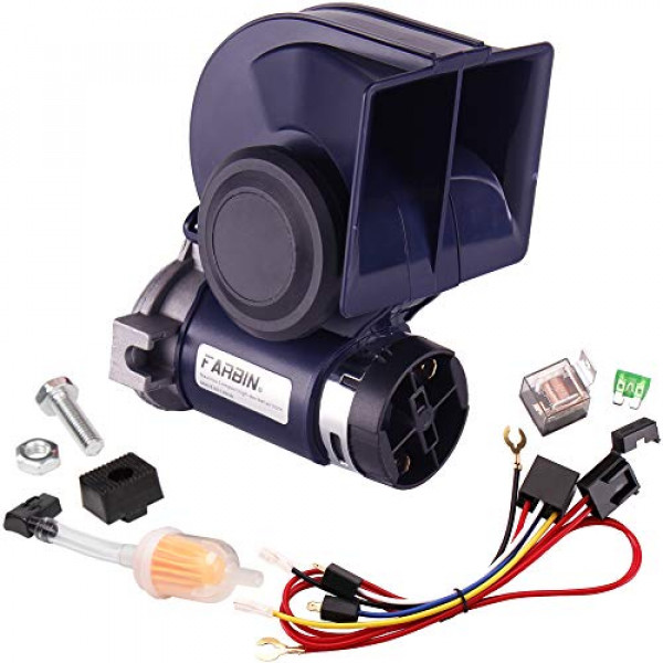 FARBIN Bocina de aire para camión / automóvil / motocicleta, kit de bocina de automóvil con arnés de cables de relé para carrito de golf de barco Jeeps (12 V, bocina azul)