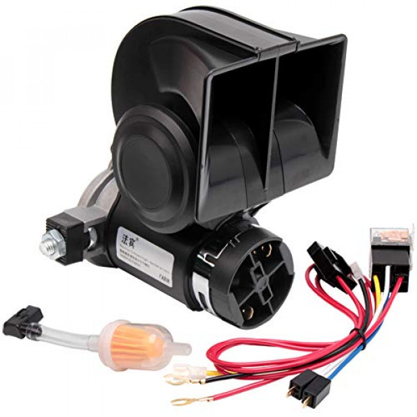 FARBIN Bocina de aire para camión, bocina de tren eléctrica compacta, bocina de automóvil de 12 V, 150 dB, súper ruidosa con arnés de cableado, para cualquier vehículo de 12 V (12 V, negro)
