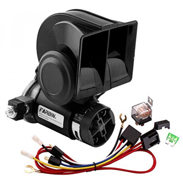 FARBIN Bocina de tren para camión 12v 150db Bocina de aire de caracol con arnés de relé para cualquier vehículo (12 V, bocina negra)