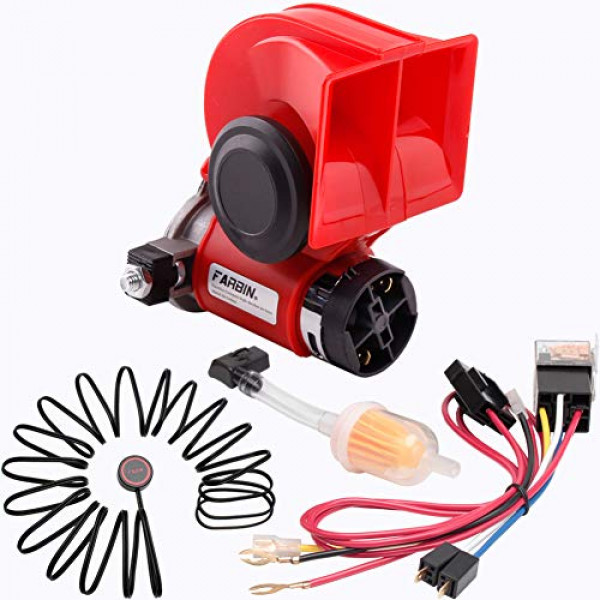 FARBIN Kit de bocina para automóvil, 12 V, 150 dB, bocina de aire fuerte con compresor, bocina compacta con botón de arnés de relé para automóvil, camión, Jeep (12 V, bocina roja con botón)