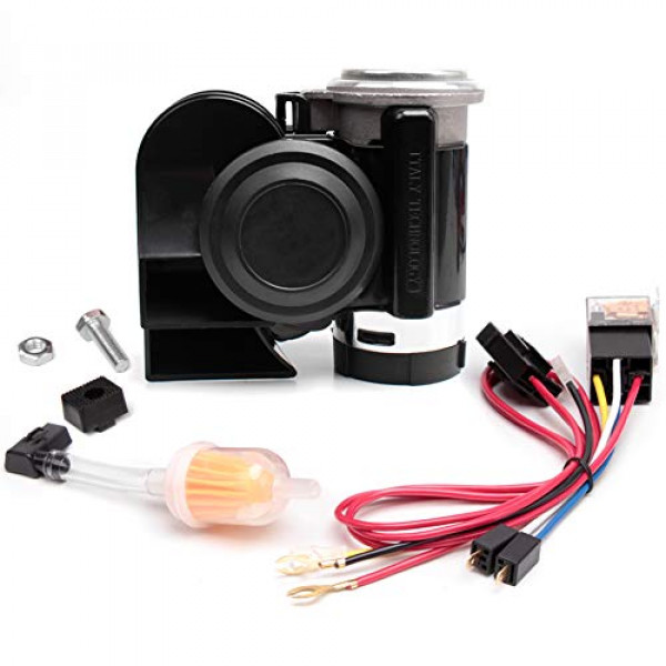 FARBIN Bocina de aire compacta con compresor, bocina eléctrica de caracol de 12 V, 150 dB, súper ruidosa con arnés de cableado, para cualquier vehículo de 12 V (12 V, negro mini)