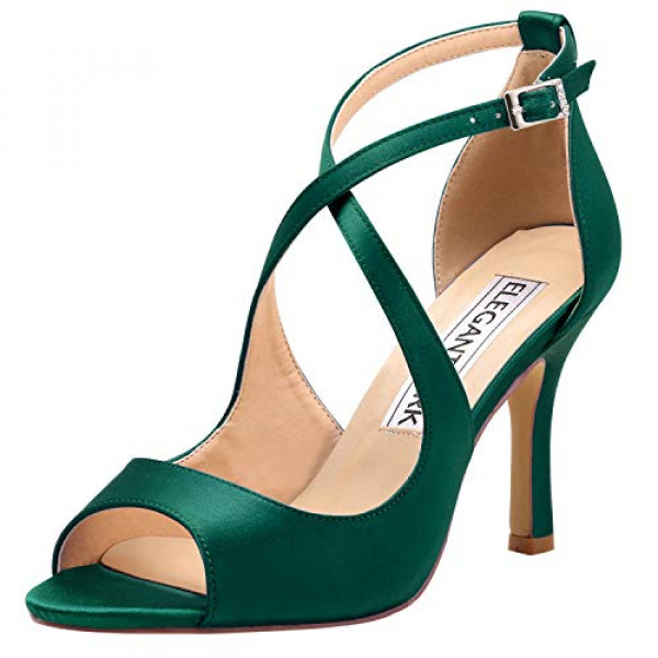 ElegantPark HP1820 Sandalias verde oscuro para mujer Zapatos de boda nupcial con punta abierta para novia Sandalias de tiras de tacón alto Zapatos de vestir de noche de satén US 11