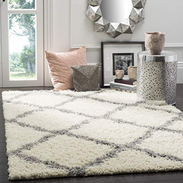 SAFAVIEH Dallas Shag Collection SGD257F Enrejado que no se desprende Sala de estar Dormitorio Comedor Entrada Alfombra de felpa de 1.5 pulgadas de grosor, 8 'x 10', Marfil / Gris