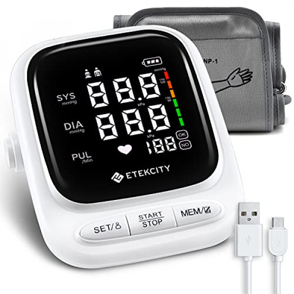 Monitor de presión arterial en la parte superior del brazo de Etekcity, máquina de monitorización de presión arterial recargable con pantalla LED y altavoz, brazalete de 22-42 cm, 2 usuarios con 90 memorias cada uno, color blanco