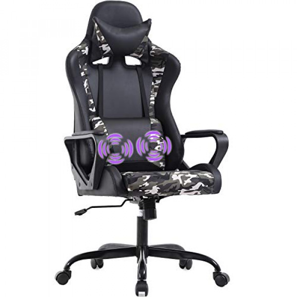 Silla para juegos de PC Silla ergonómica de oficina Silla de escritorio de masaje con brazos de apoyo lumbar Reposacabezas Silla de carreras de cuero PU con respaldo alto Silla giratoria giratoria ejecutiva ajustable para computadora para mujeres y adulto