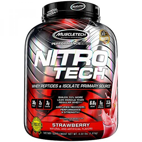 Polvo de proteína de suero | Péptidos y aislado de proteína de suero Nitro-Tech de MuscleTech | Polvo de proteína magra para ganar músculo | Constructor de músculos para hombres y mujeres | Nutrición Deportiva | Fresa, 4 lb (40 porciones)