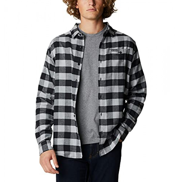 Columbia Camisa de manga larga de franela Cornell Woods para hombre, gris a cuadros de búfalo, mediana