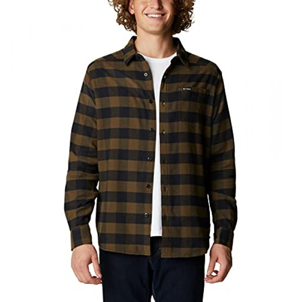 Columbia Camisa de manga larga de franela Cornell Woods para hombre, a cuadros de búfalo verde oliva, mediana
