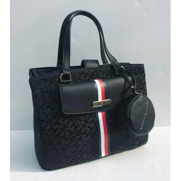 Tommy Hilfiger Mujer Negro LOGO Satchel Purse Bag With a FREE Pouch