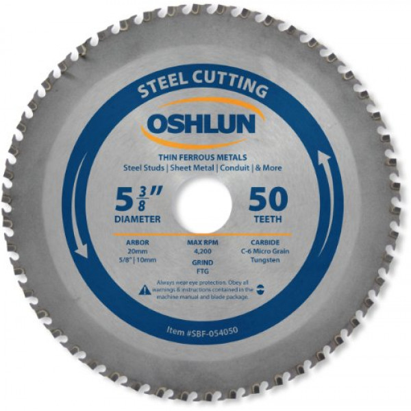 Oshlun SBF-054050 Hoja de sierra FTG de 50 dientes de 5-3 / 8 pulgadas con eje de 20 mm (bujes de 5/8 pulgadas y 10 mm) para acero dulce fino y metales ferrosos