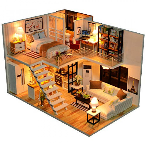 CUTEBEE - Casa de muñecas en miniatura con muebles, kit de casa de muñecas para bricolaje más a prueba de polvo y movimiento musical, sala creativa a escala 1:24 para la idea de regalo del día de San Valentín