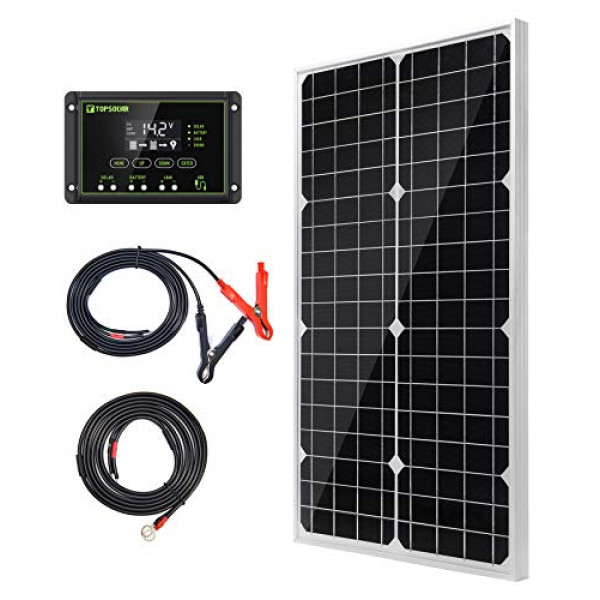 Topsolar - Kit de panel solar de 30 W, 12 V, cargador de batería monocristalino con controlador de carga de 10 A + cable de extensión para 12 voltios, vehículo, vehículo recreativo, barco marino, hogar, sistema fuera de la red