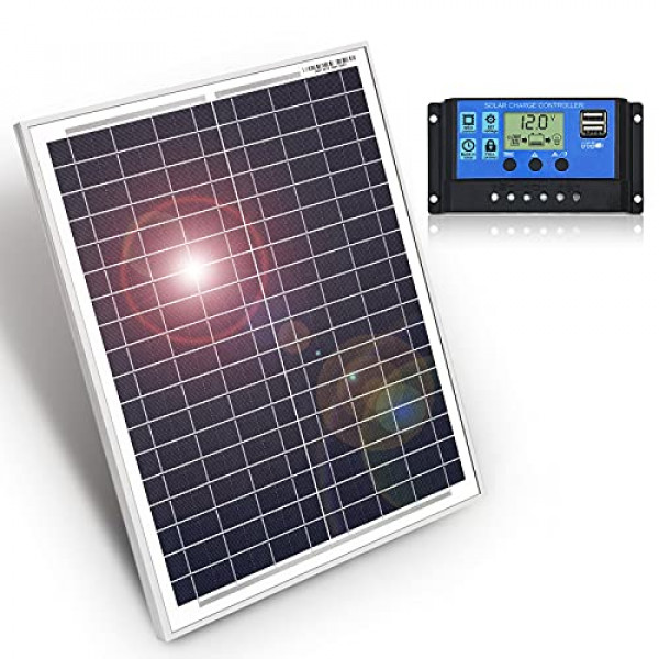 DOKIO Panel solar portátil de 20 W (18,9 x 13,8 pulgadas, 4,4 lb) con regulador para cargar batería de 12 V (AGM, Gel.ect) Ideal para bomba de iluminación de jardín, batería de coche, caravana, caravana, barco, cobertizo, autocaravana, camping, fuera de l