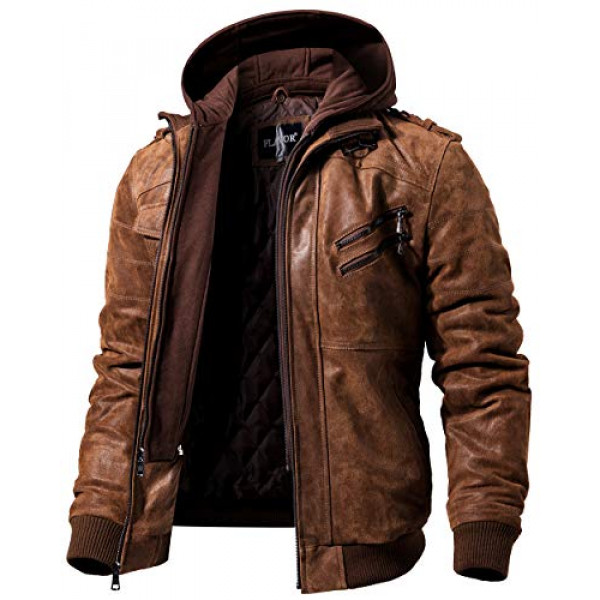 Chaqueta de moto de cuero marrón para hombre FLAVOR con capucha extraíble (extragrande (estándar de EE. UU.), Marrón)