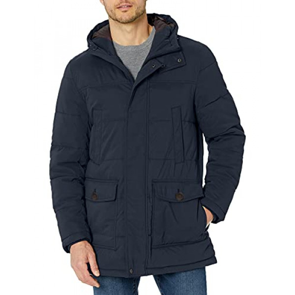 Dockers Parka larga con capucha de sarga micro para hombre, azul marino, mediana