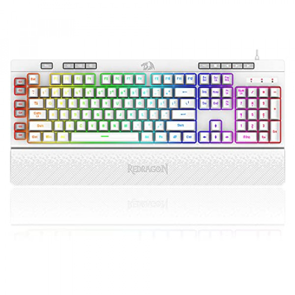 Redragon K512 Shiva RGB Teclado para juegos de membrana retroiluminado con teclas multimedia, interruptor de sensación mecánica lineal, 6 teclas macro adicionales integradas, control de medios dedicado, reposamuñecas desmontable, color blanco