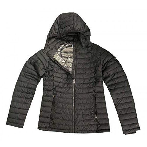Chaqueta acolchada con capucha Columbia White Out ll Omni Heat para mujer (L, negro)