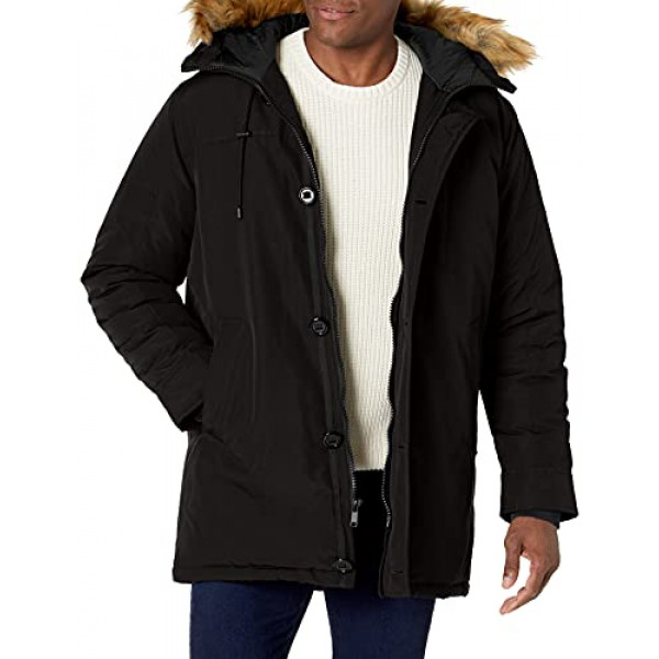 GUESS Parka con capucha y peso pesado para hombre con ribete de piel sintética extraíble, negro, XX-Large