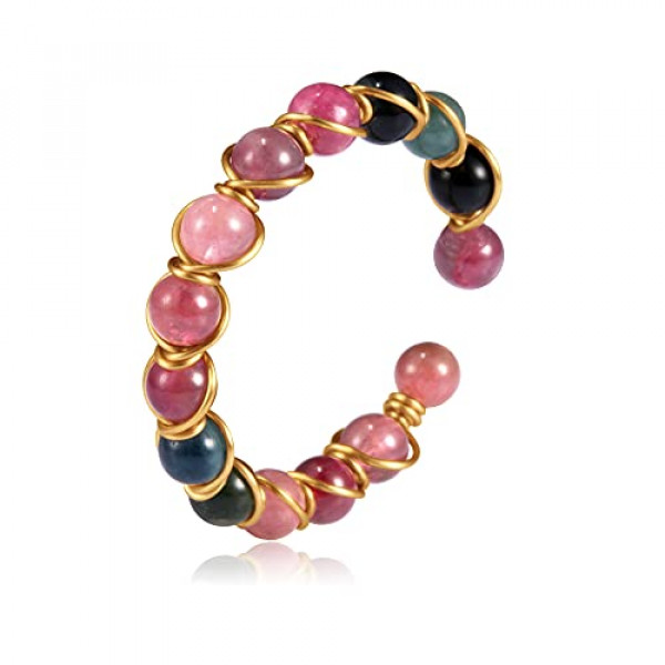 Anillos de ansiedad chapados en oro de 14 quilates para mujer, cuentas de perlas de cristal rosa, anillos abiertos, anillos delicados y modernos para niñas adolescentes (cristal 2)