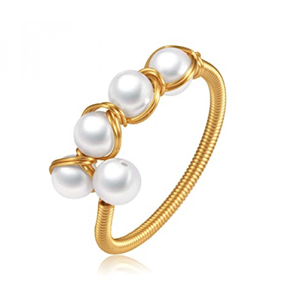 Anillos de ansiedad chapados en oro de 14 quilates para mujeres, cuentas de perlas de cristal rosa, anillos abiertos, anillos delicados y modernos para niñas adolescentes (cristal 4)