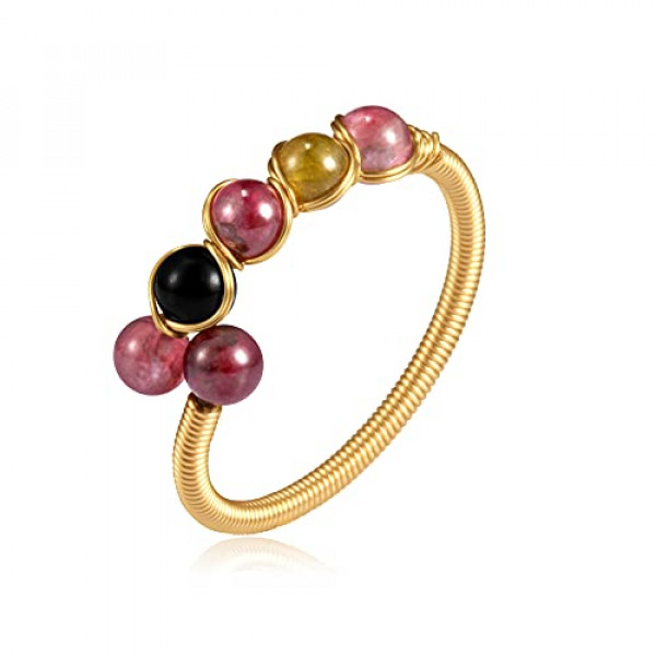 Anillos de ansiedad chapados en oro de 14 quilates para mujeres, cuentas de perlas de cristal rosa, anillos abiertos, anillos delicados y modernos para niñas adolescentes (cristal 5)