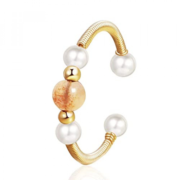 Anillos de ansiedad chapados en oro de 14 quilates para mujer, cuentas de perlas de cristal rosa, anillos abiertos, anillos delicados y modernos para niñas adolescentes (cristal 6)