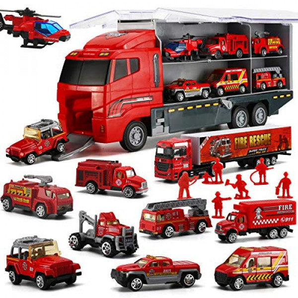 Camión de bomberos de 19 piezas con juego de juguetes de bombero, Mini camión de bomberos fundido a presión en camión transportador, Mini vehículo de transporte de emergencia de doble cara para niños, niños, niñas, cumpleaños, fiestas de Navidad