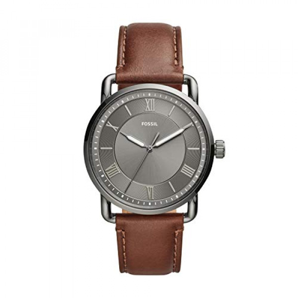 Fossil Reloj Copeland de cuarzo de acero inoxidable y cuero con tres manecillas, color: humo, marrón (modelo: FS5664)