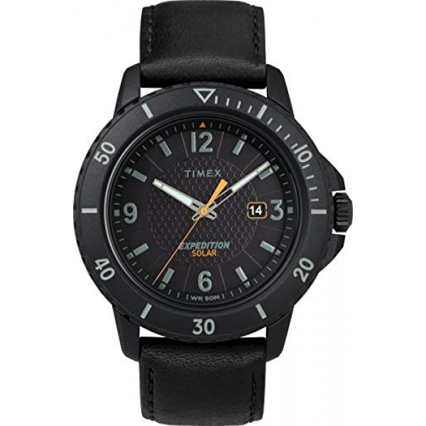 Timex Reloj para hombre con energía solar todo el año con correa de cuero, negro, 22 (modelo: TW4B14700)