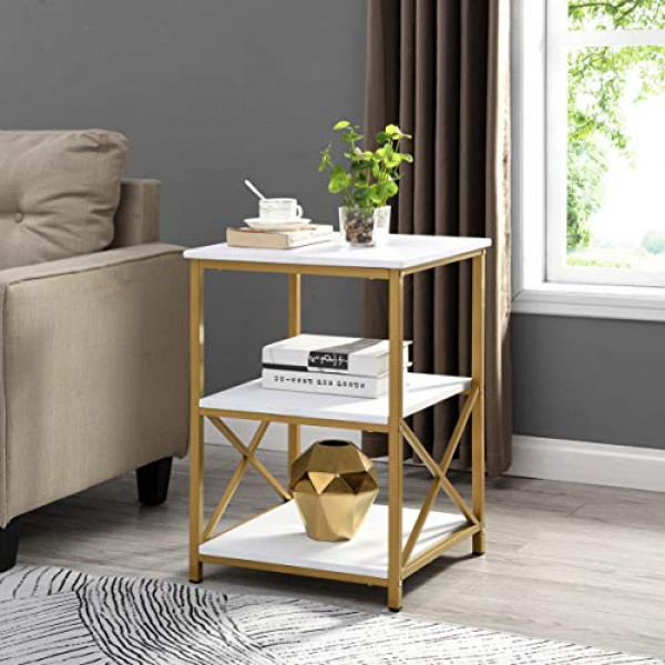 RAAMZO Mesa de noche con mesa auxiliar de diseño en X con marco de metal con acabado en blanco y dorado con estante de 3 niveles