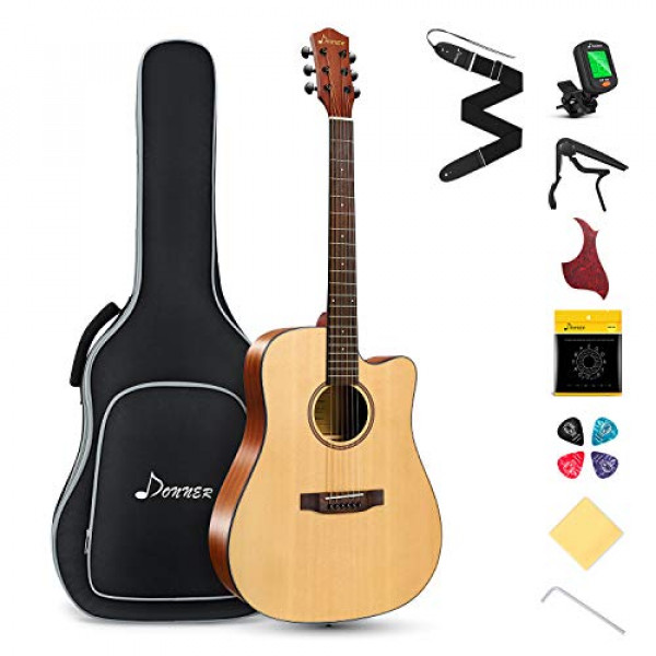 Donner Kit de guitarra acústica para principiantes, adultos, adolescentes, tamaño completo, corte de guitarra acústica, paquete de iniciación, con bolsa de transporte, correa, afinador, Capo, Pickguard, cuerda, 4 púas, mano derecha 41 pulgadas, natural, D