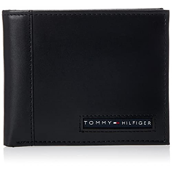 Tommy Hilfiger Billetera de cuero para hombre, fina, elegante, informal, plegable con 6 bolsillos para tarjetas de crédito y ventana de identificación extraíble, color negro Cambridge