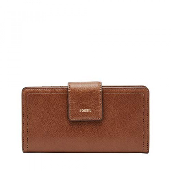 Fossil Cartera de embrague con lengüeta de bloqueo RFID de piel sintética Logan para mujer, marrón